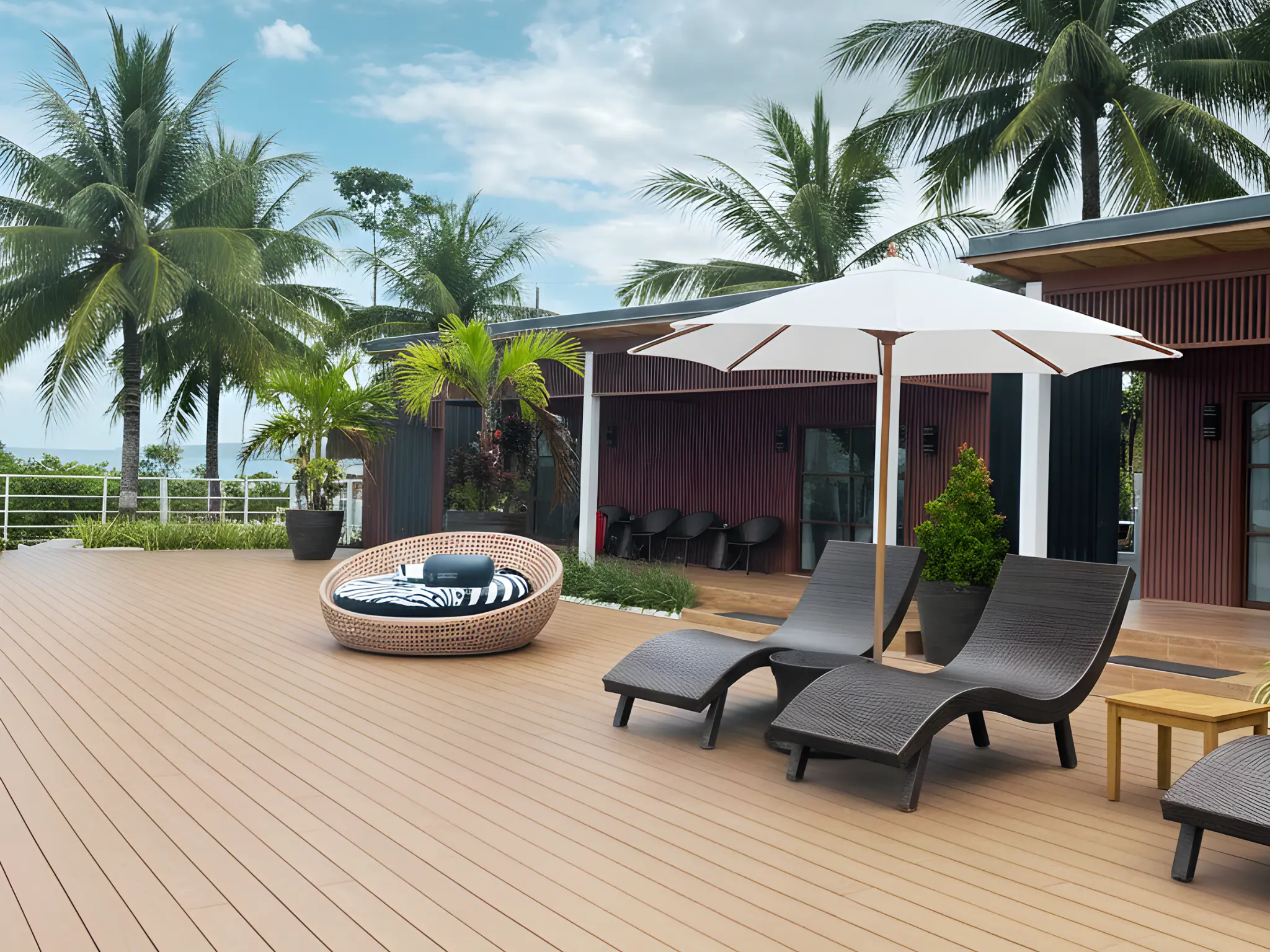A luxurious outdoor resort deck with light-brown wood planks. The deck is furnished with dark wicker lounge chairs, a large round daybed, and a white patio umbrella. Modern dark-wood buildings and palm trees are visible under a bright, slightly cloudy sky.